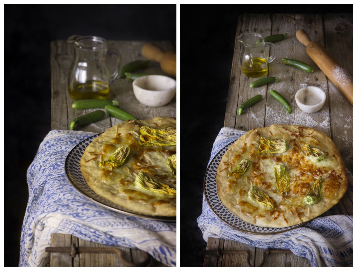 coca de flores de calabacín y mozzarella
